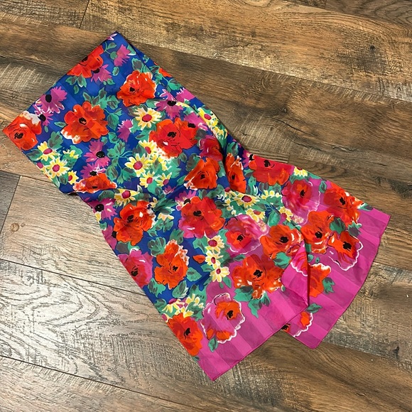 Vintage Bright Silk Long Scarf Poppies Daisies and Stripes - Picture 2 of 6